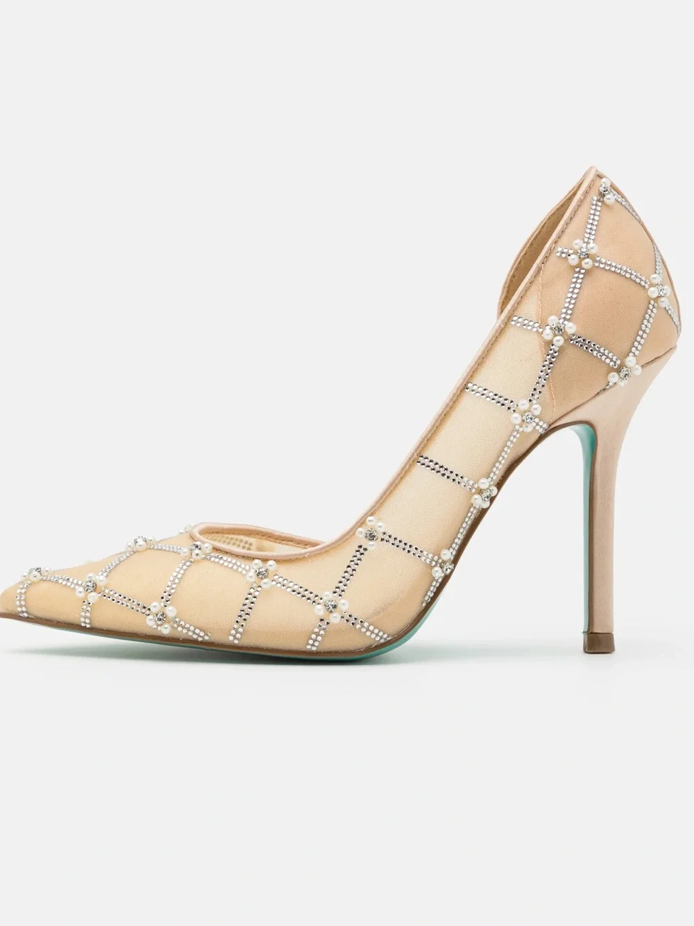 Blue by Betsey Johnson Cruze Mesh Embellished Rhinestone Pearl Pump Nude Heels